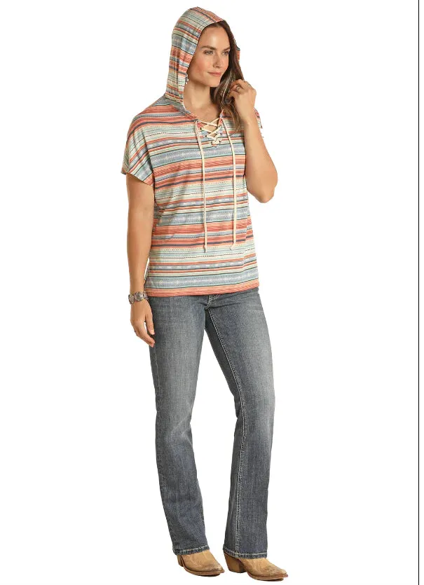 Women's Panhandle Aztec Coral Serape Short Sleeve Hoodie