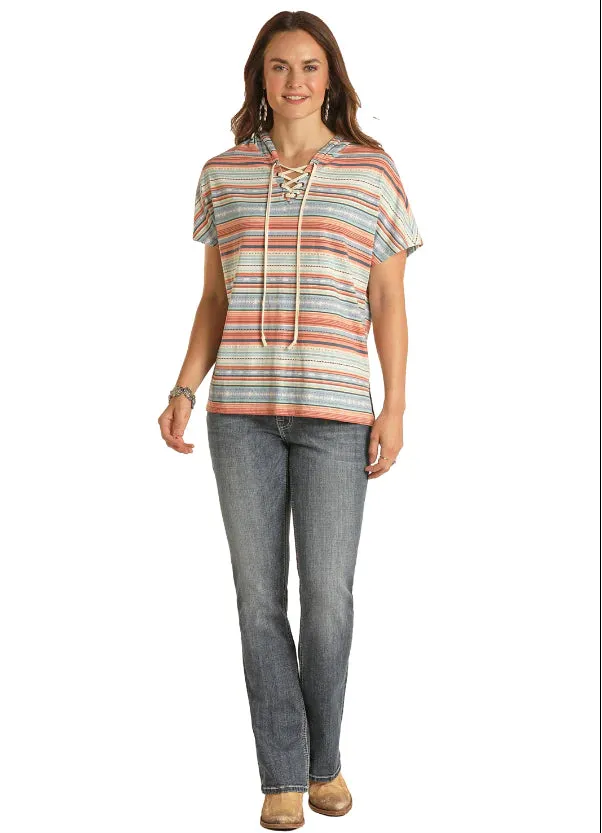 Women's Panhandle Aztec Coral Serape Short Sleeve Hoodie